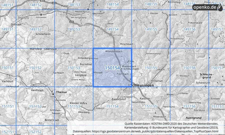 Übersichtskarte des KOSTRA-DWD-2020-Rasterfeldes Nr. 150154