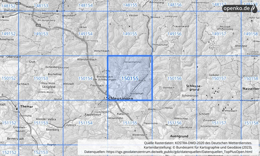 Übersichtskarte des KOSTRA-DWD-2020-Rasterfeldes Nr. 150155