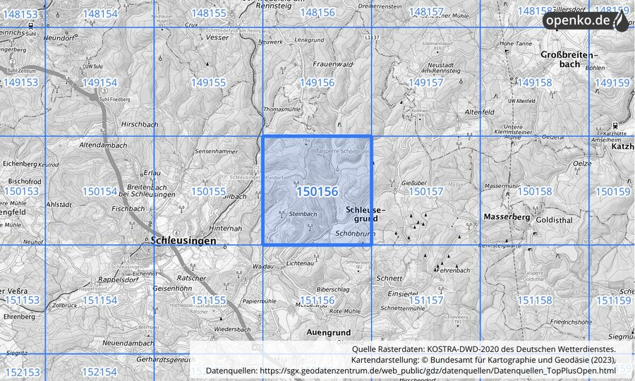 Übersichtskarte des KOSTRA-DWD-2020-Rasterfeldes Nr. 150156