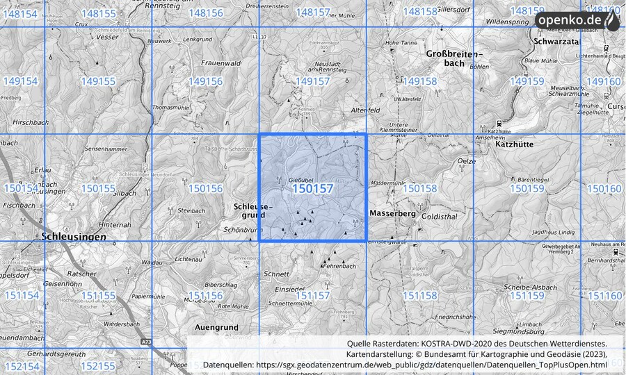 Übersichtskarte des KOSTRA-DWD-2020-Rasterfeldes Nr. 150157