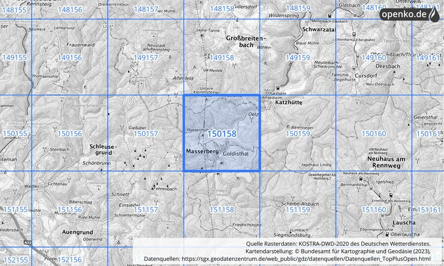 Übersichtskarte des KOSTRA-DWD-2020-Rasterfeldes Nr. 150158