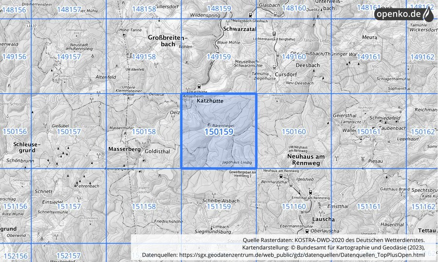 Übersichtskarte des KOSTRA-DWD-2020-Rasterfeldes Nr. 150159