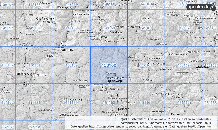 Übersichtskarte des KOSTRA-DWD-2020-Rasterfeldes Nr. 150160
