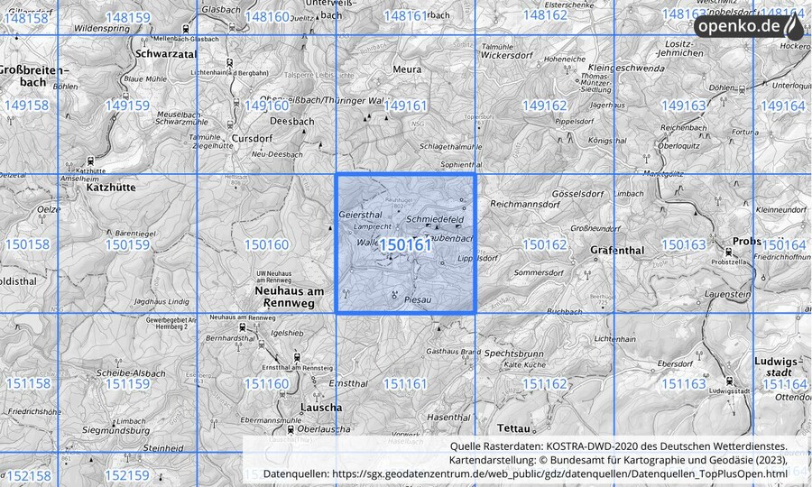 Übersichtskarte des KOSTRA-DWD-2020-Rasterfeldes Nr. 150161