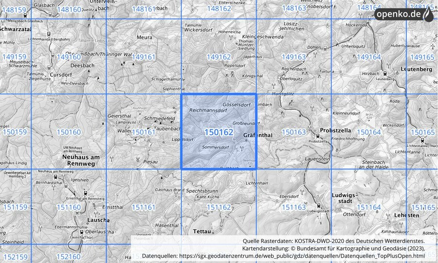 Übersichtskarte des KOSTRA-DWD-2020-Rasterfeldes Nr. 150162