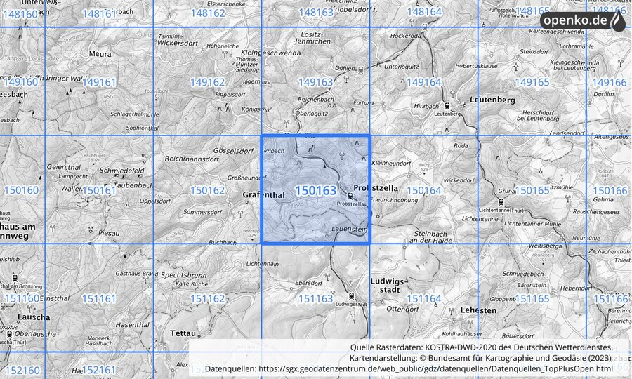 Übersichtskarte des KOSTRA-DWD-2020-Rasterfeldes Nr. 150163