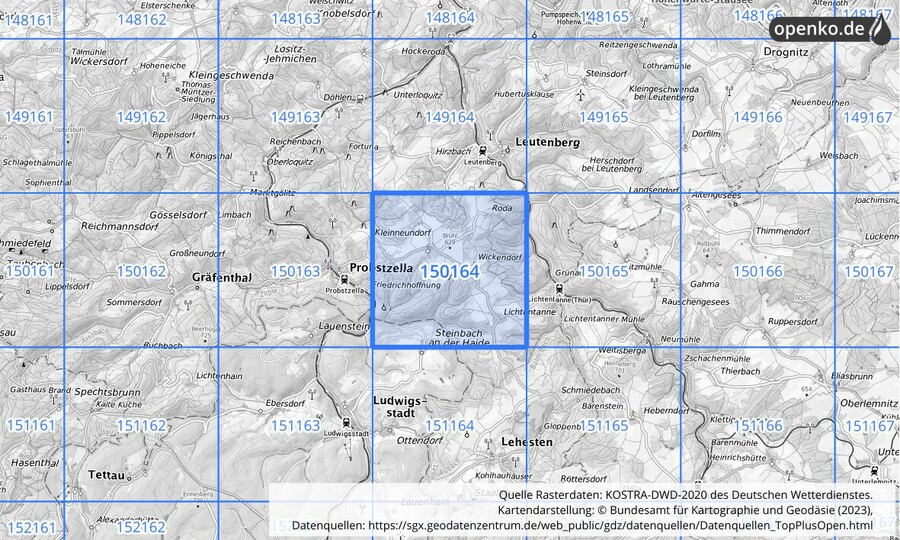 Übersichtskarte des KOSTRA-DWD-2020-Rasterfeldes Nr. 150164