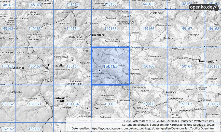 Übersichtskarte des KOSTRA-DWD-2020-Rasterfeldes Nr. 150165