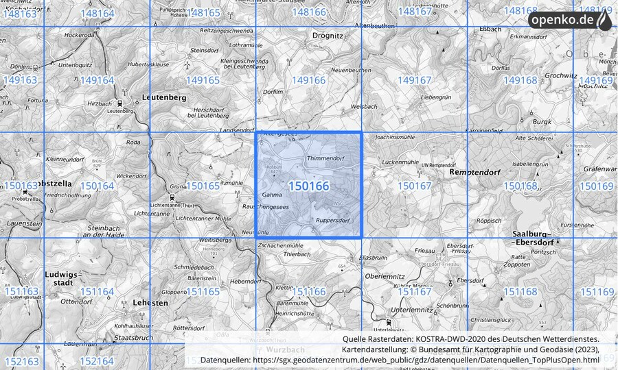 Übersichtskarte des KOSTRA-DWD-2020-Rasterfeldes Nr. 150166