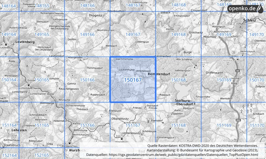 Übersichtskarte des KOSTRA-DWD-2020-Rasterfeldes Nr. 150167