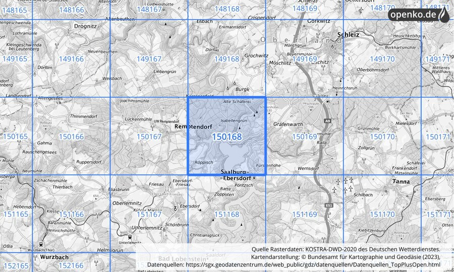 Übersichtskarte des KOSTRA-DWD-2020-Rasterfeldes Nr. 150168