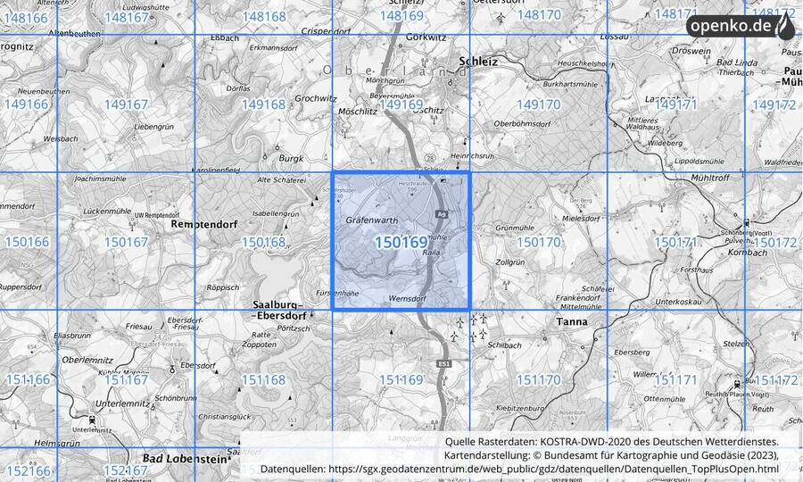 Übersichtskarte des KOSTRA-DWD-2020-Rasterfeldes Nr. 150169