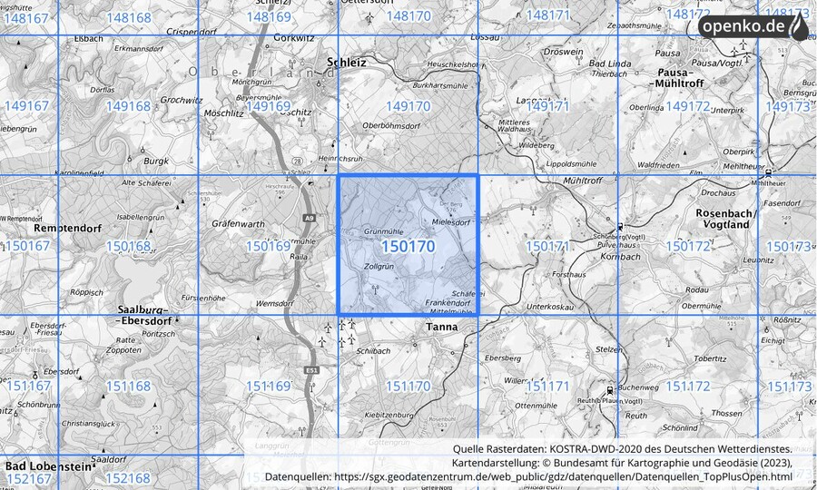 Übersichtskarte des KOSTRA-DWD-2020-Rasterfeldes Nr. 150170