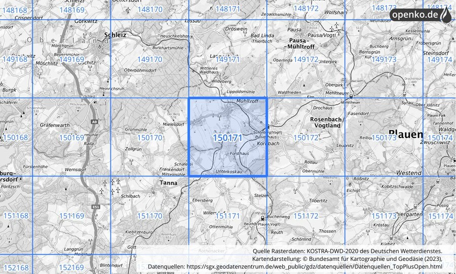 Übersichtskarte des KOSTRA-DWD-2020-Rasterfeldes Nr. 150171