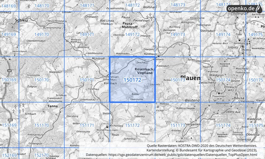 Übersichtskarte des KOSTRA-DWD-2020-Rasterfeldes Nr. 150172