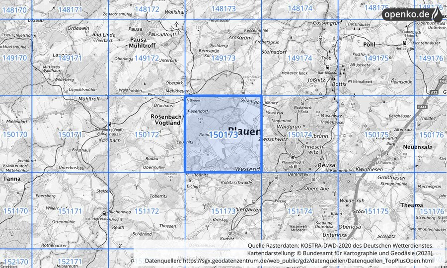 Übersichtskarte des KOSTRA-DWD-2020-Rasterfeldes Nr. 150173