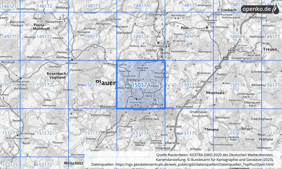 Übersichtskarte des KOSTRA-DWD-2020-Rasterfeldes Nr. 150174