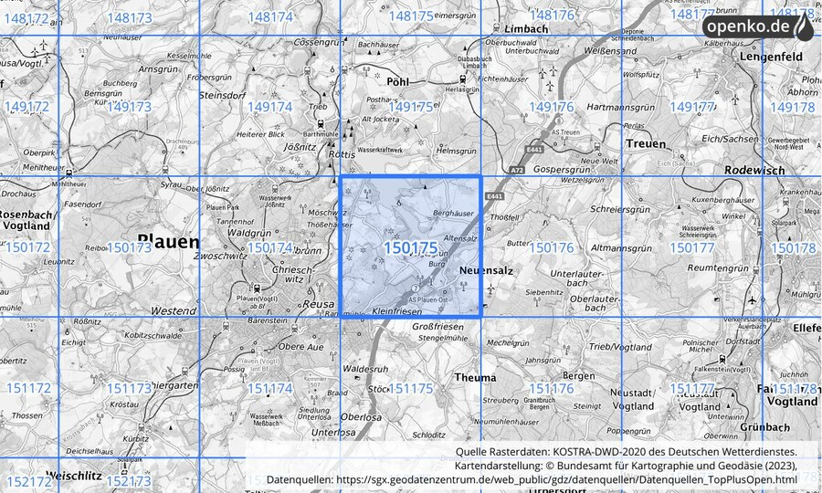 Übersichtskarte des KOSTRA-DWD-2020-Rasterfeldes Nr. 150175