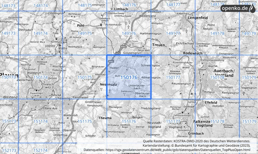 Übersichtskarte des KOSTRA-DWD-2020-Rasterfeldes Nr. 150176