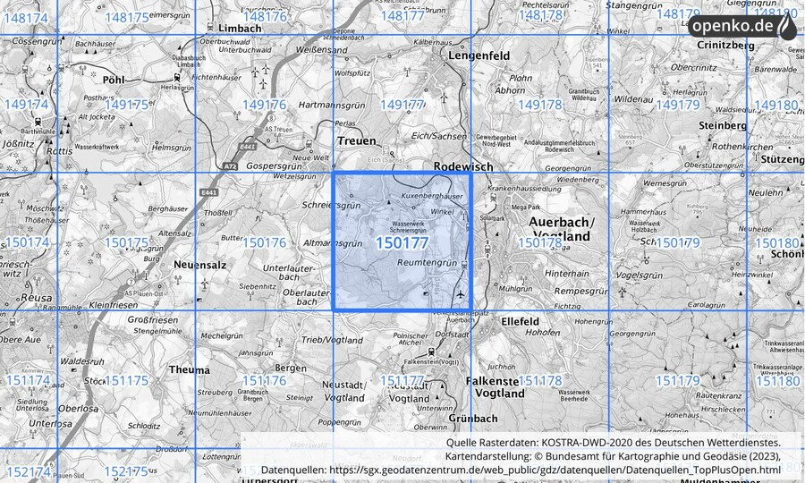 Übersichtskarte des KOSTRA-DWD-2020-Rasterfeldes Nr. 150177