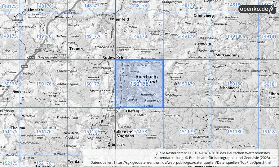 Übersichtskarte des KOSTRA-DWD-2020-Rasterfeldes Nr. 150178