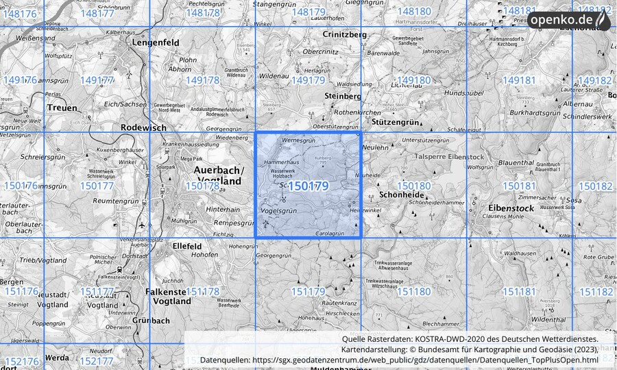 Übersichtskarte des KOSTRA-DWD-2020-Rasterfeldes Nr. 150179