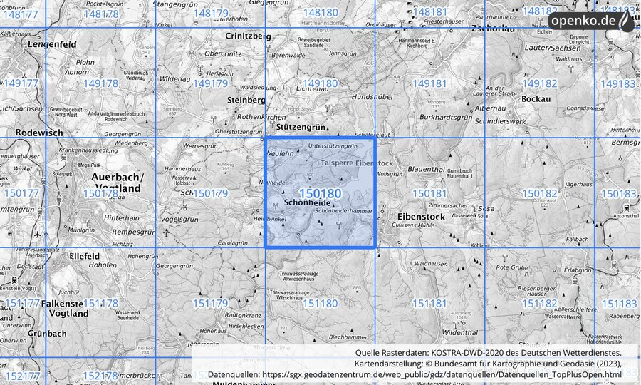 Übersichtskarte des KOSTRA-DWD-2020-Rasterfeldes Nr. 150180