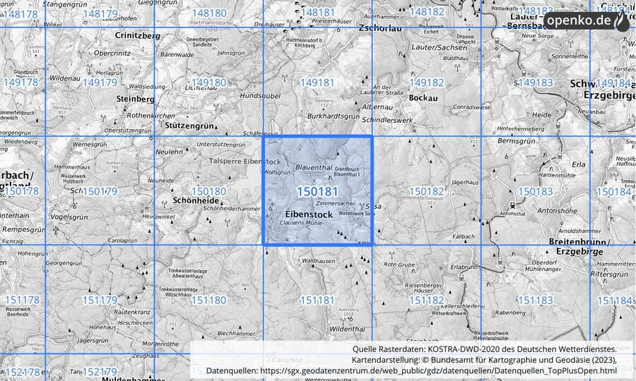 Übersichtskarte des KOSTRA-DWD-2020-Rasterfeldes Nr. 150181