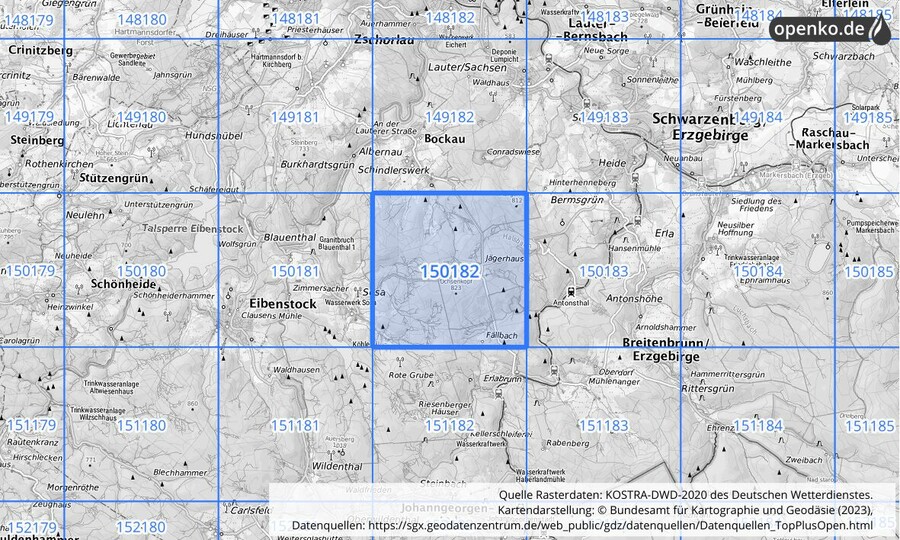 Übersichtskarte des KOSTRA-DWD-2020-Rasterfeldes Nr. 150182