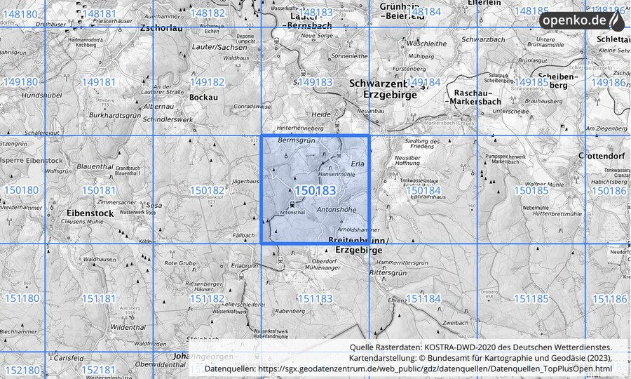Übersichtskarte des KOSTRA-DWD-2020-Rasterfeldes Nr. 150183