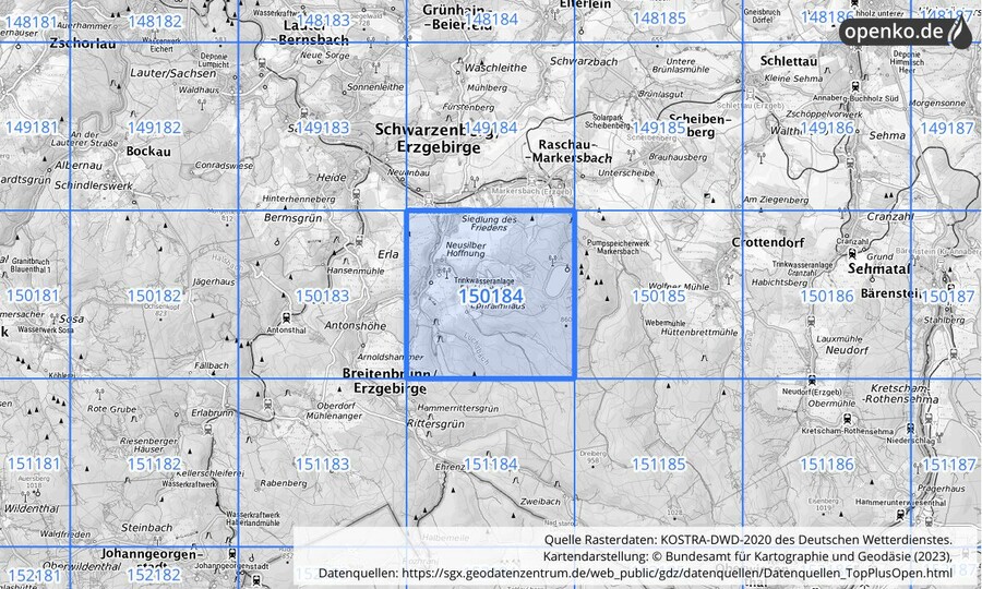 Übersichtskarte des KOSTRA-DWD-2020-Rasterfeldes Nr. 150184