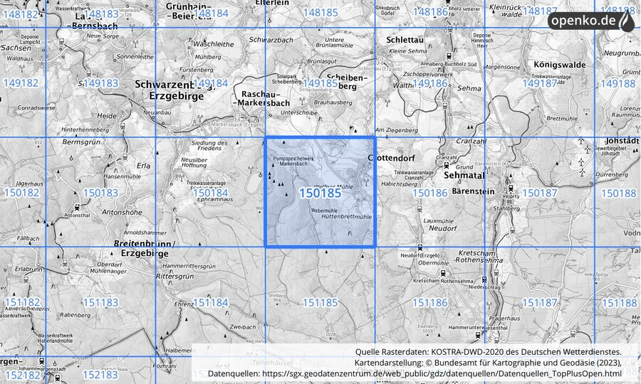 Übersichtskarte des KOSTRA-DWD-2020-Rasterfeldes Nr. 150185