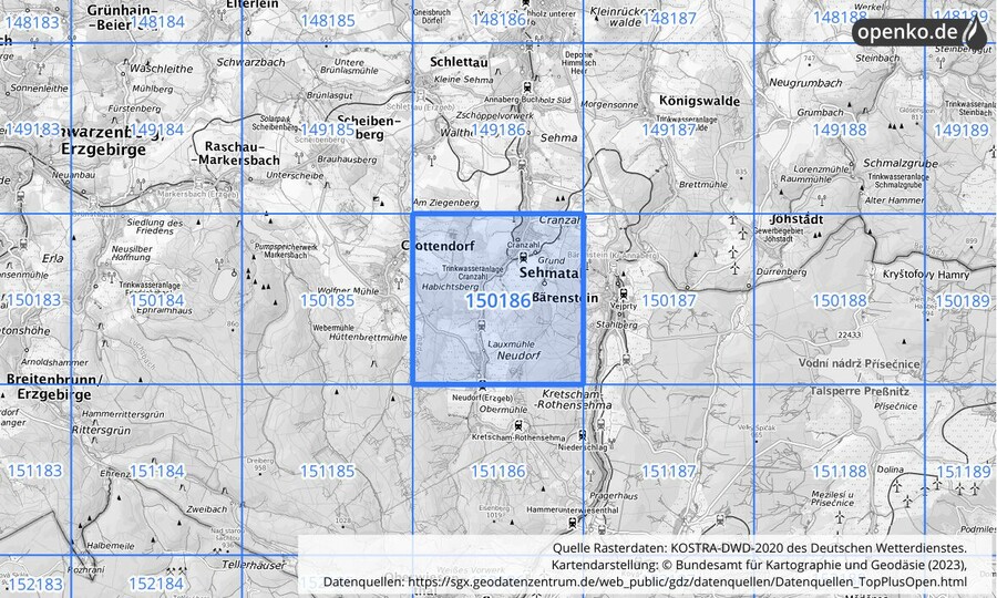 Übersichtskarte des KOSTRA-DWD-2020-Rasterfeldes Nr. 150186