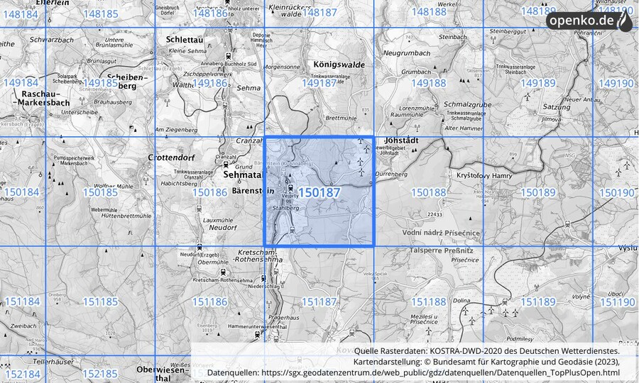 Übersichtskarte des KOSTRA-DWD-2020-Rasterfeldes Nr. 150187