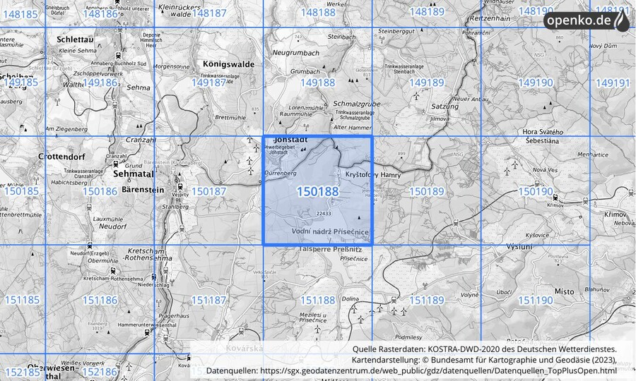 Übersichtskarte des KOSTRA-DWD-2020-Rasterfeldes Nr. 150188