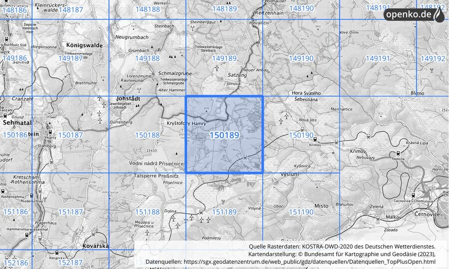 Übersichtskarte des KOSTRA-DWD-2020-Rasterfeldes Nr. 150189