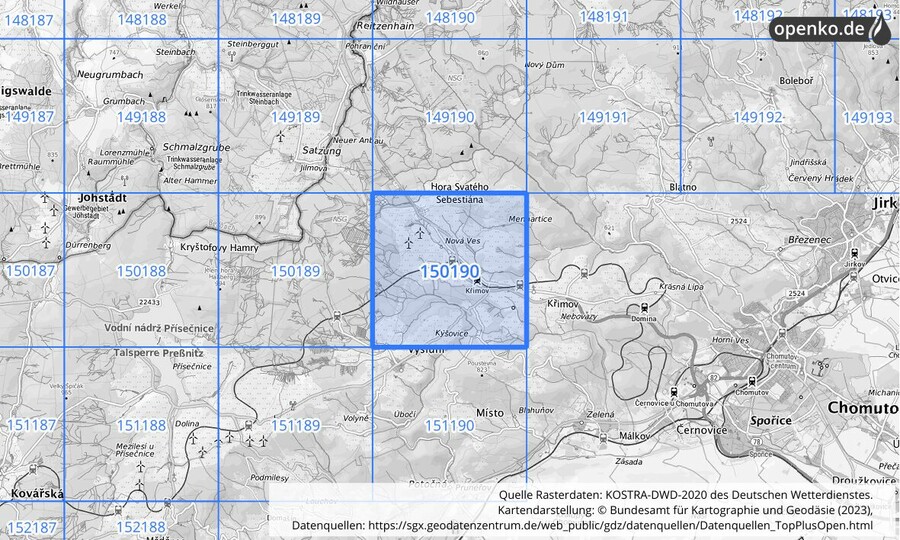 Übersichtskarte des KOSTRA-DWD-2020-Rasterfeldes Nr. 150190