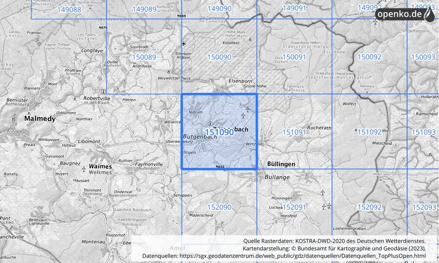 Übersichtskarte des KOSTRA-DWD-2020-Rasterfeldes Nr. 151090