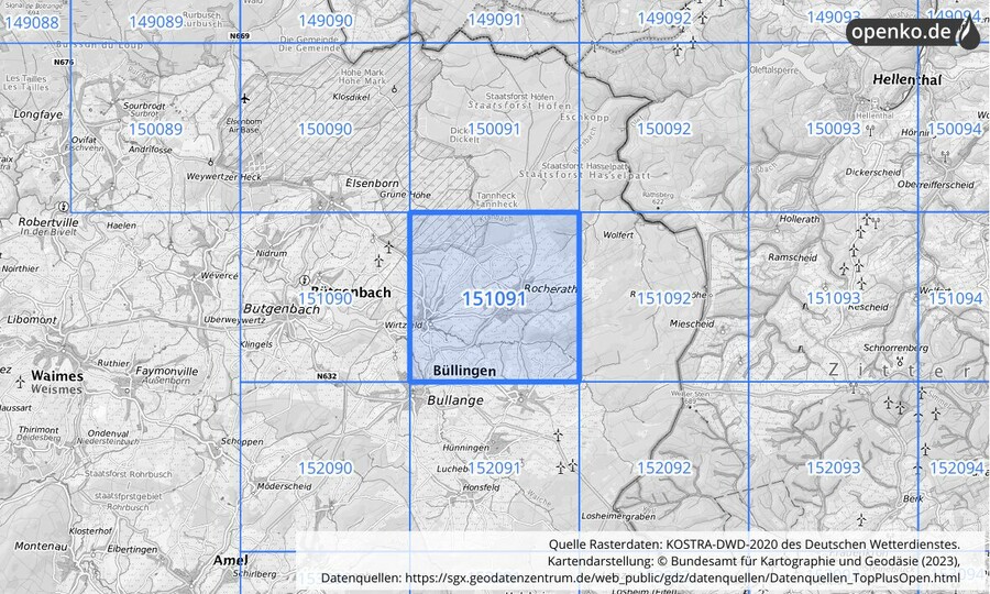 Übersichtskarte des KOSTRA-DWD-2020-Rasterfeldes Nr. 151091