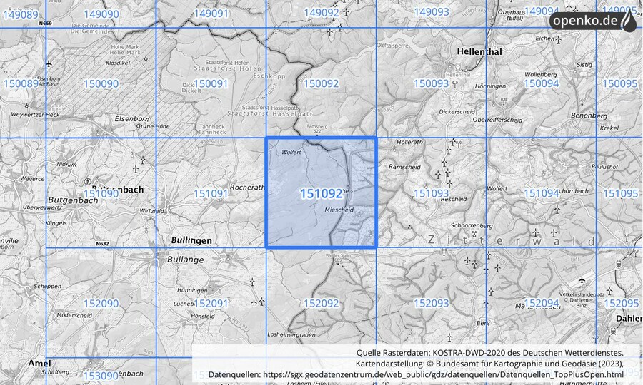 Übersichtskarte des KOSTRA-DWD-2020-Rasterfeldes Nr. 151092