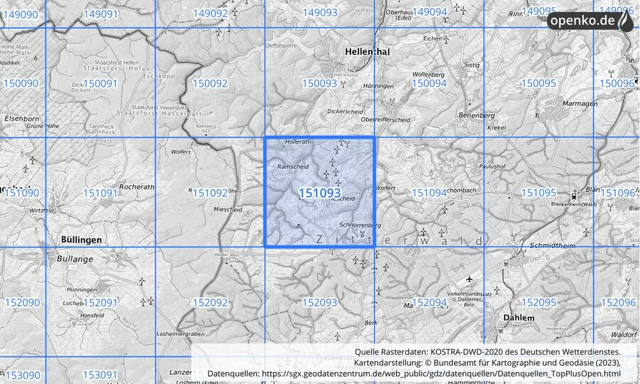Übersichtskarte des KOSTRA-DWD-2020-Rasterfeldes Nr. 151093