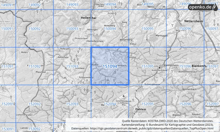 Übersichtskarte des KOSTRA-DWD-2020-Rasterfeldes Nr. 151094