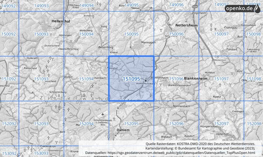 Übersichtskarte des KOSTRA-DWD-2020-Rasterfeldes Nr. 151095