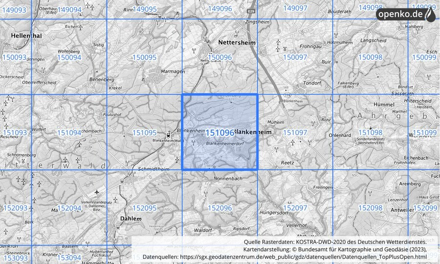 Übersichtskarte des KOSTRA-DWD-2020-Rasterfeldes Nr. 151096