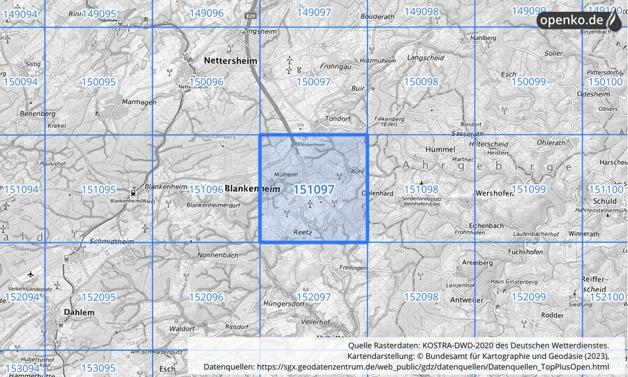 Übersichtskarte des KOSTRA-DWD-2020-Rasterfeldes Nr. 151097