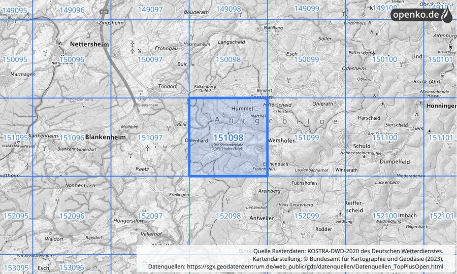 Übersichtskarte des KOSTRA-DWD-2020-Rasterfeldes Nr. 151098