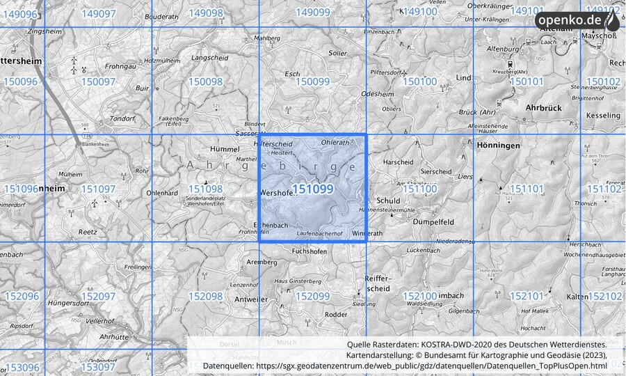 Übersichtskarte des KOSTRA-DWD-2020-Rasterfeldes Nr. 151099