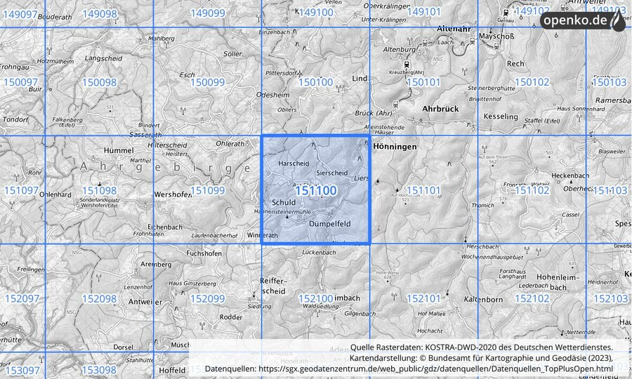 Übersichtskarte des KOSTRA-DWD-2020-Rasterfeldes Nr. 151100