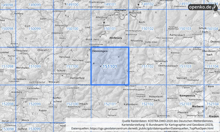 Übersichtskarte des KOSTRA-DWD-2020-Rasterfeldes Nr. 151101
