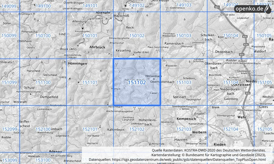 Übersichtskarte des KOSTRA-DWD-2020-Rasterfeldes Nr. 151102